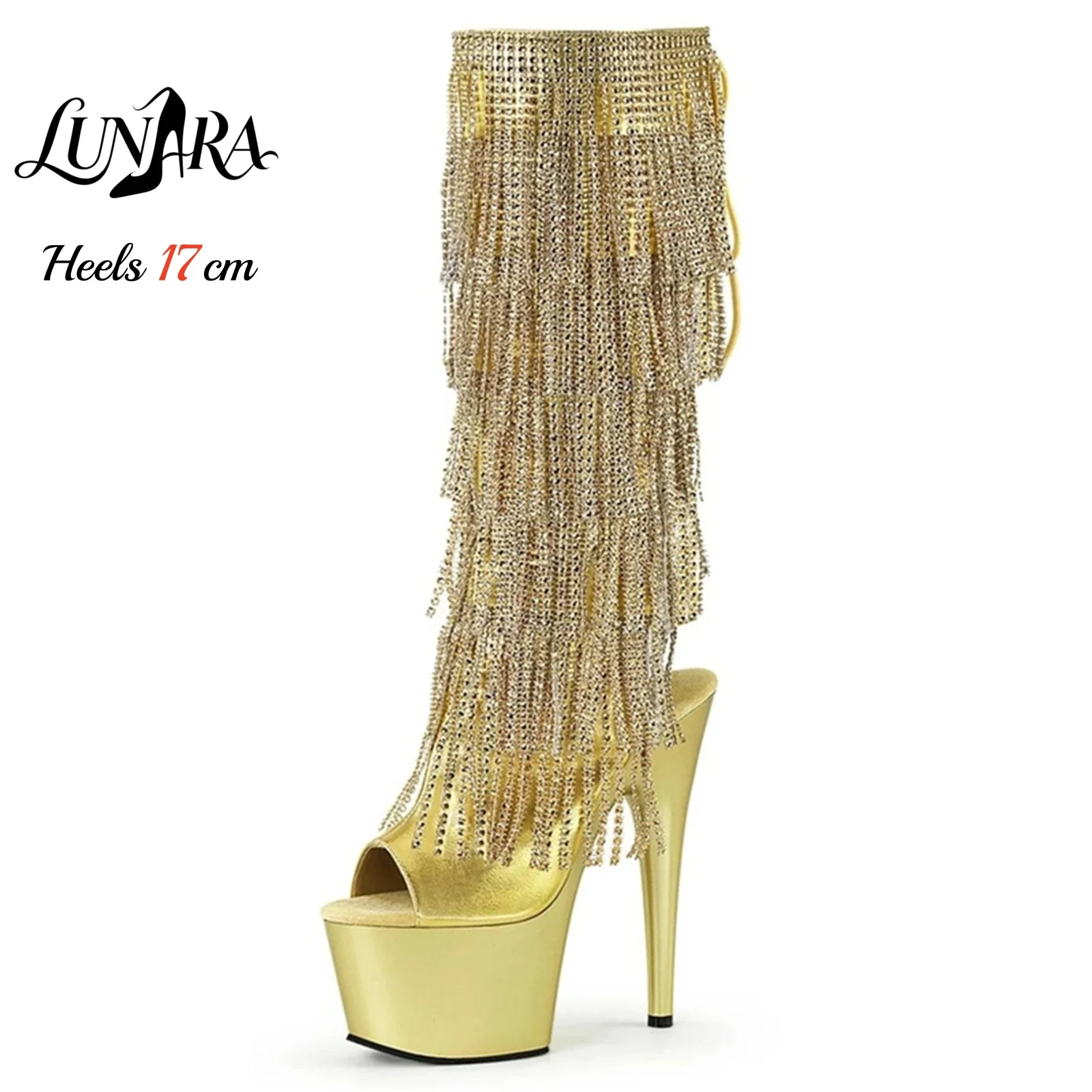 17cm/7Inch Womens Gold Rhinestone Fringe Backless Open Toe Platform Stiletto Mid-calf Exotic Stripper Pole dance Nightclub Rave