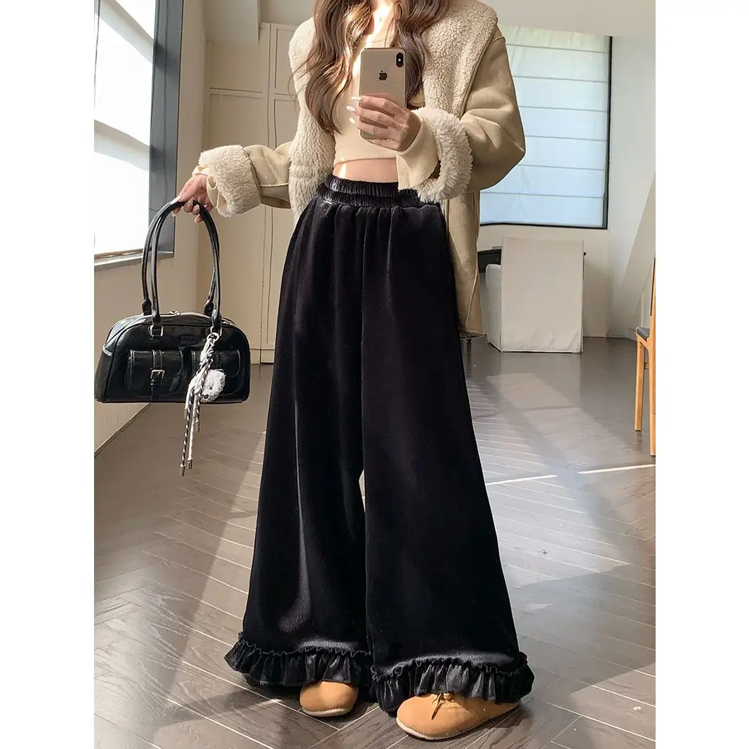

2025 Fleece Thickened Velvet Casual Pants Autumn and Winter Women's High-waisted Wide-leg Pants Drape Pants Trousers