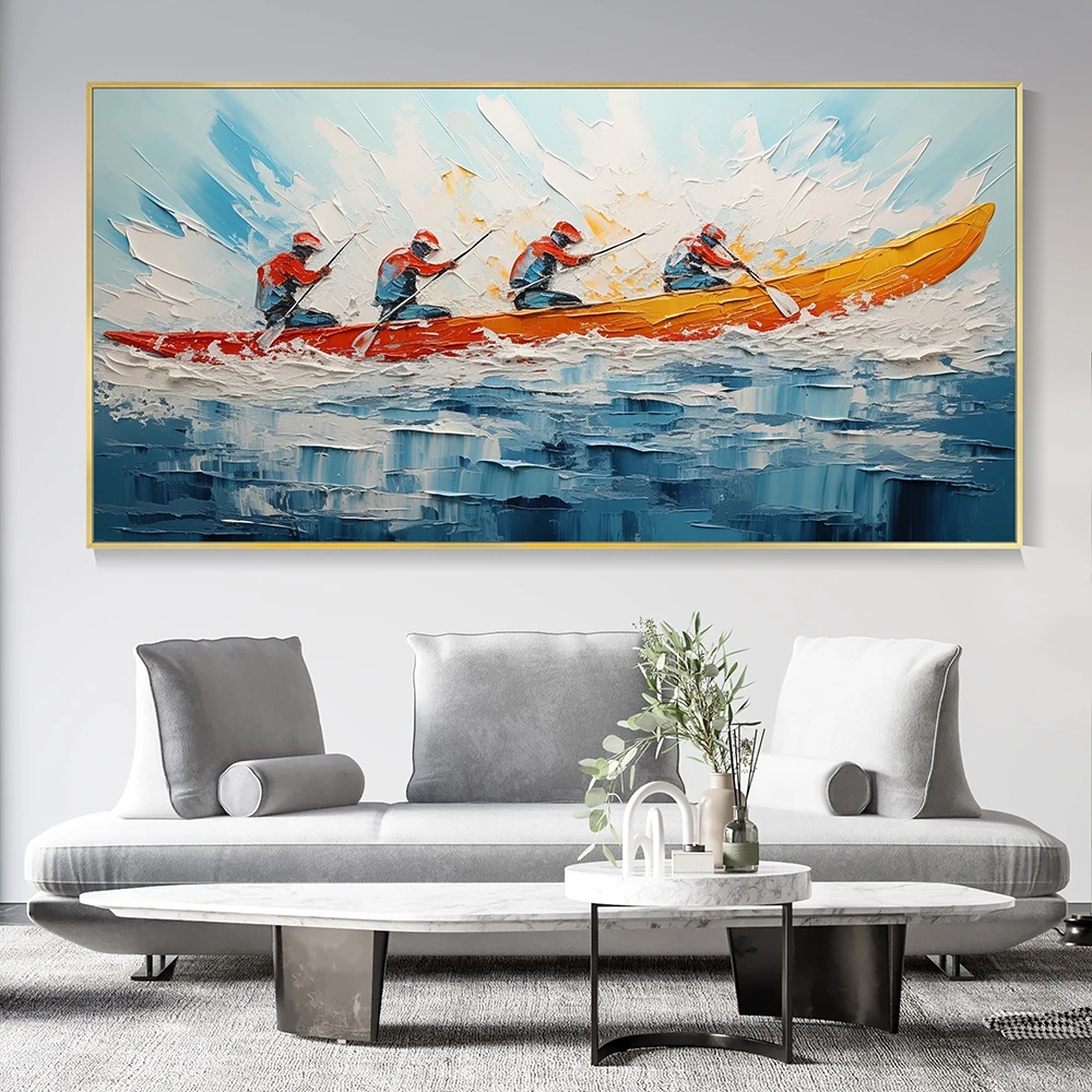 Hand Painted Oil Painting Original Kayaking Sports Wall Art Sea Surfing Landscape Art Large Blue Ocean Canvas Oil Painting