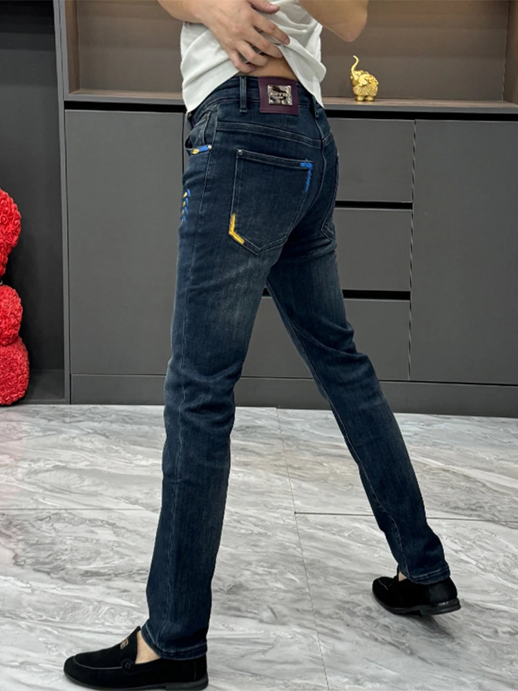 

Blue Hand-Drawn Print Fleece-Lined Jeans Men's Fashionable Simple Elastic Slim Fit Casual Long Trousers Autumn Winter