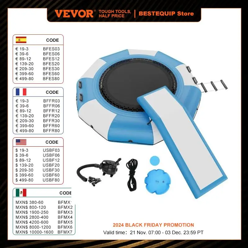 VEVOR 10ft Inflatable Water Bouncer Recreational Water Trampoline Portable Bounce Swim Platform with Slide 3-Step Ladder