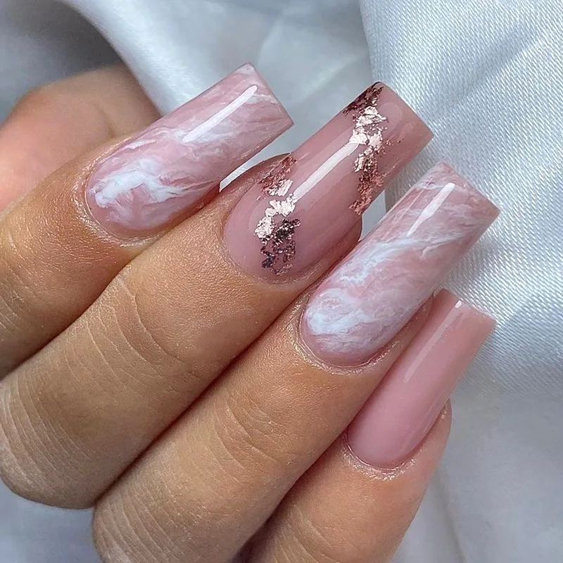 24 pçs simples e doce rosa imprensa em unhas estilo longo carimbo quente em pó branco unhas falsas cobertura completa wearable unhas falsas