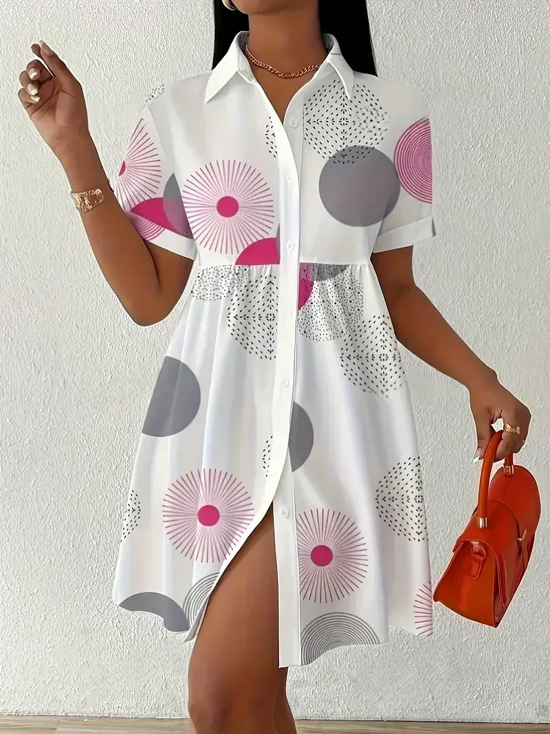

Plus Size 1XL-5XL Women's Fashion Button-Up with Lapel Collar Short Sleeves Summer Cute Dresses Elegant Geometric Print Dress
