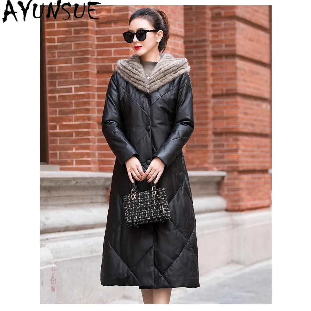 AYUNSUE 진짜 양피 정품 가죽 자켓 여성 겨울 의류 롱 스타일 다운 코트 여성 코트 후드 밍크 모피 칼라