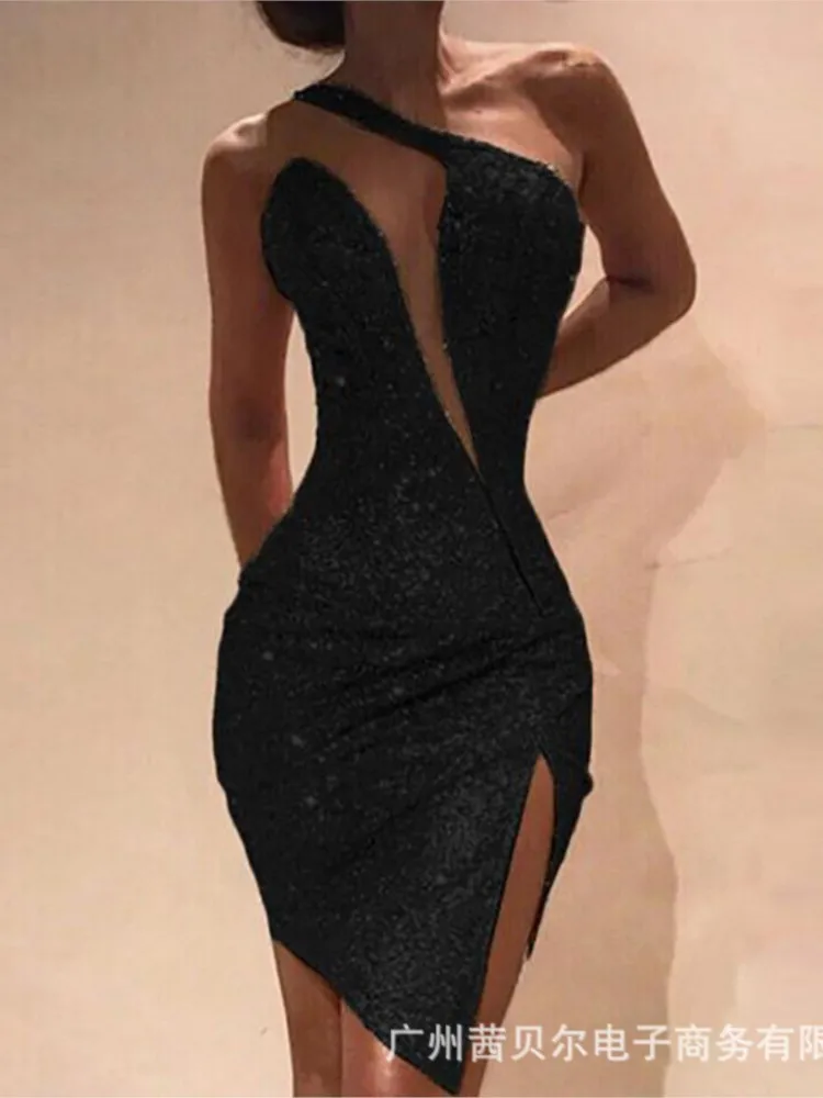 

Package Hip Dress Dresses 2025 Woman Vestidos One Shoulder Slim Bodycon slit Sleeveless Deep V-link Temperament Sexy Party Prom