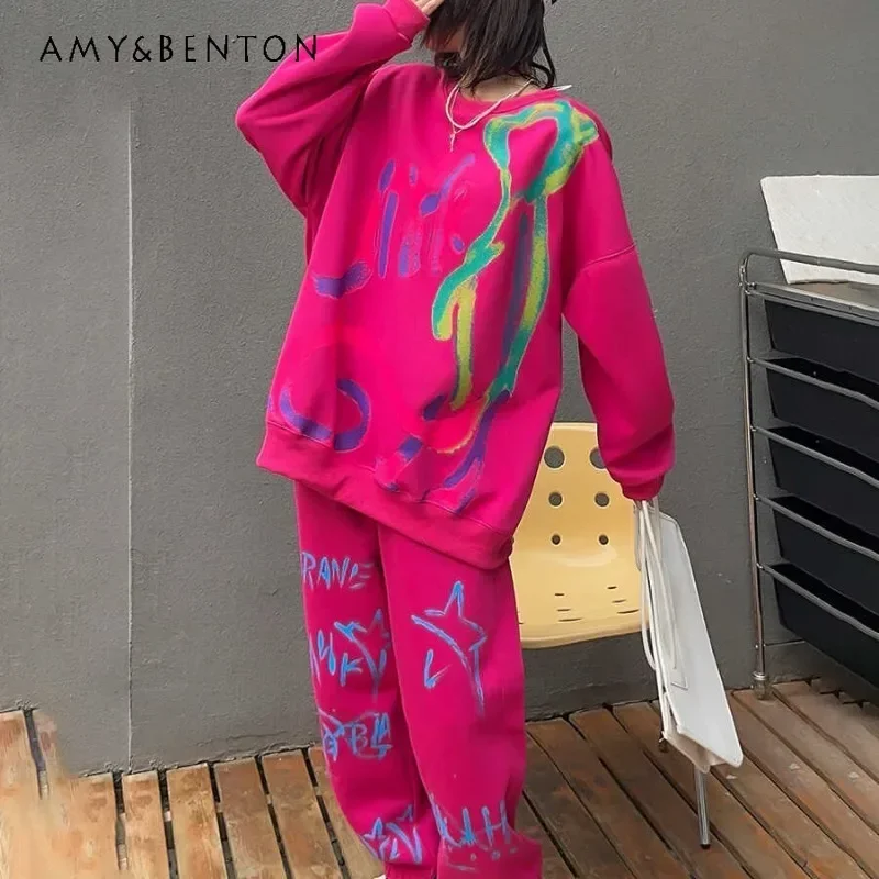 

Graffiti Full Printed Fashion Trendy Casual Sports Suit Youthful-Looking Sweatshirts Sweatpants Two-Piece Set Outfits For Women