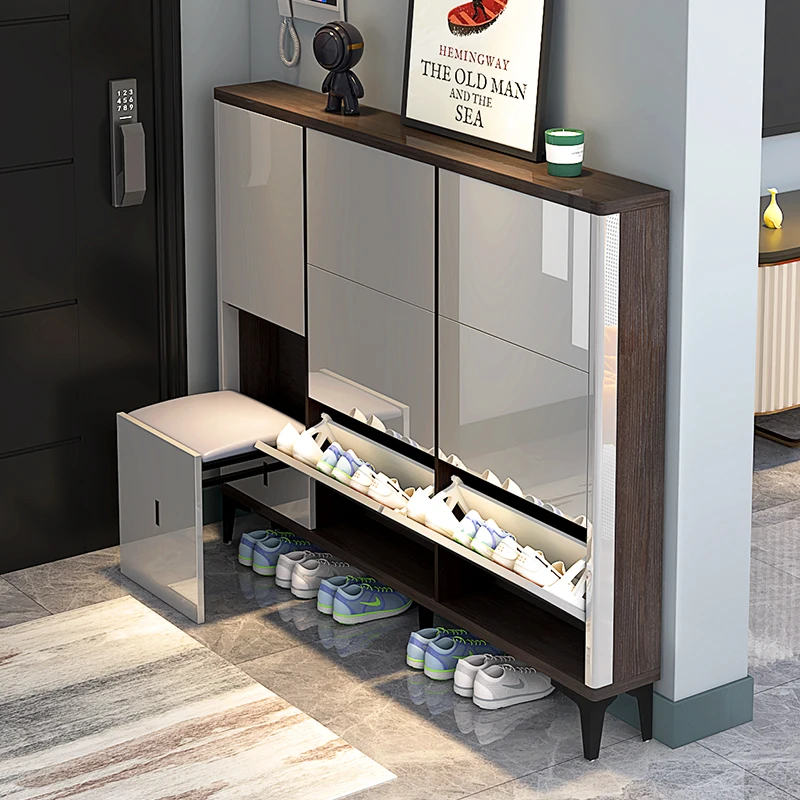 17Cm light luxury ultra-thin shoe cabinet tipping bucket seat integrated household door small apartment can sit large-capacity e