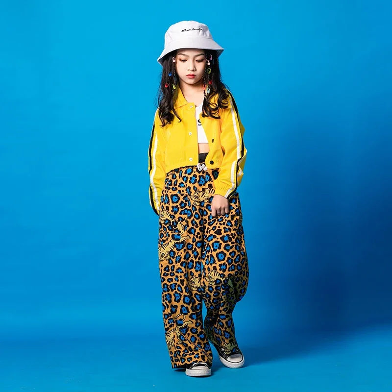 Leopardo Print camisa extragrande para meninas, regata, calças de perna larga, jazz dance wear, roupas de carnaval, hip hop, traje infantil