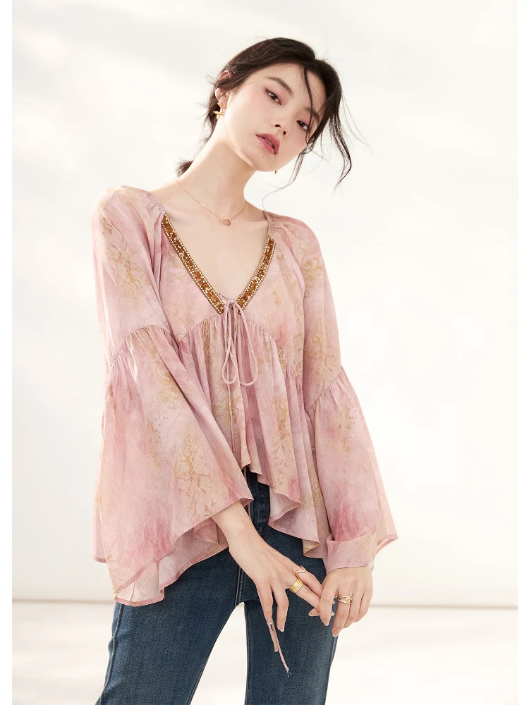 

Silk Printed irt Women's Design Sensation V-ne Silk Anti-aging Top Spring Summer New Arrival French Sle Loose Fit