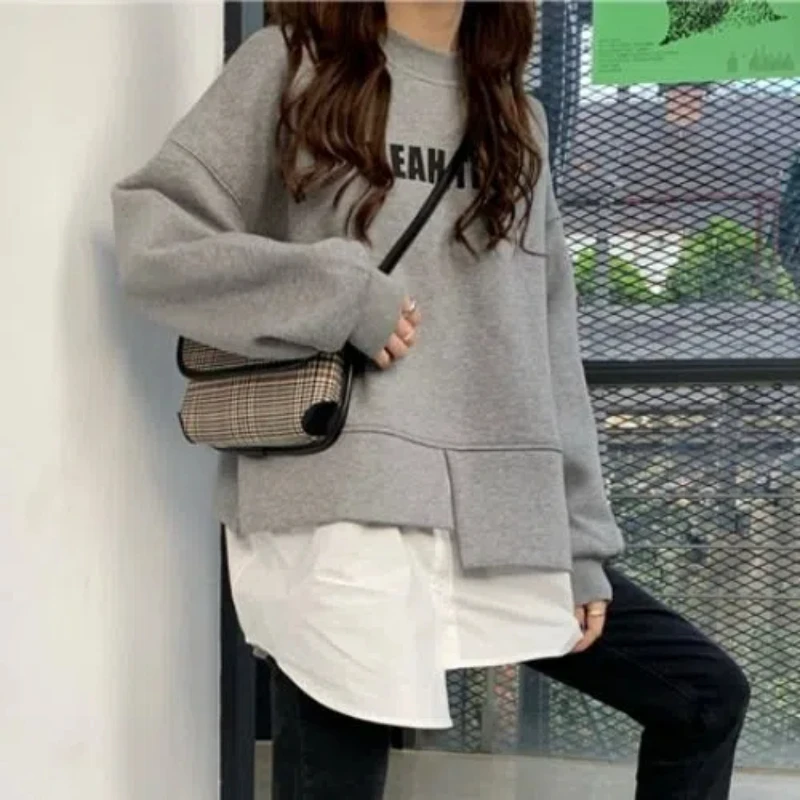 Fake Two Piece Pullovers Top for Women Plus Size Loose Patchwork Street Casual Hoodies Fashion Harajuku Clothing Spring Autumn