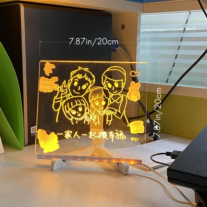 LED Acrylic Message Board Light USB Luminous Drawing Board Memo With Bracket Children's Gift,20X20CM