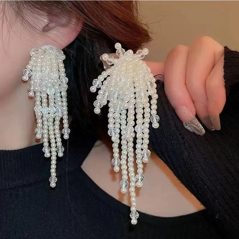 Ladies' Fashion Handcrafted Beaded Flower Pearl Tassel Earrings, Birthday Party Accessories And Gifts For Girls