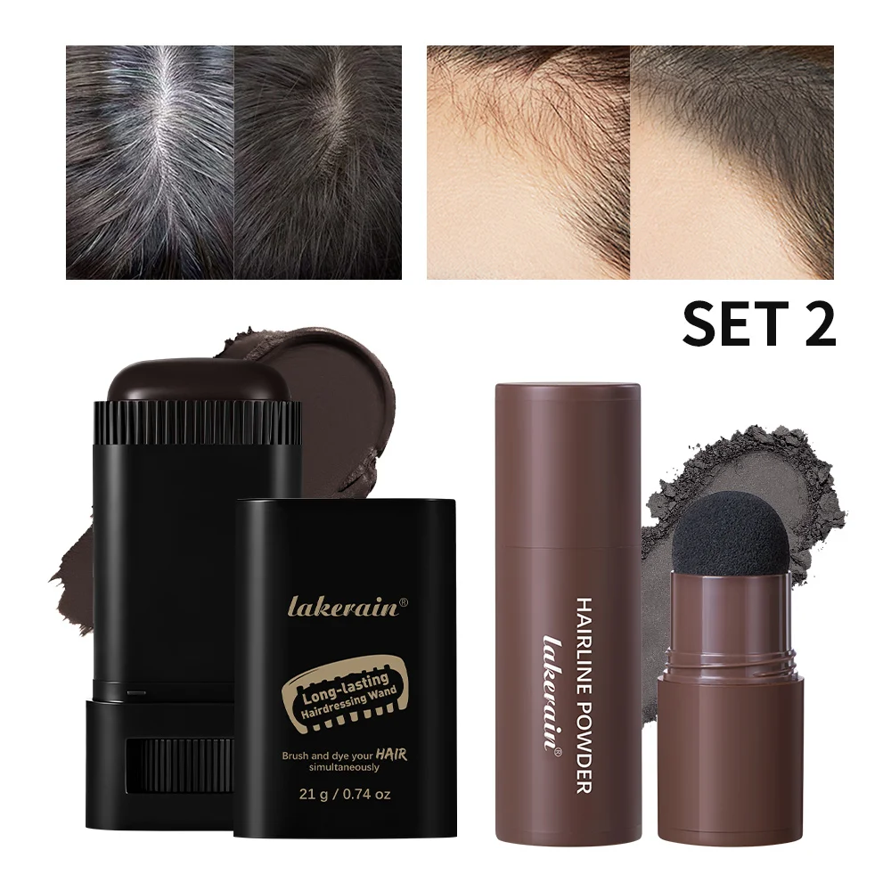 2pcs Waterproof Hairline & Quick Touch-Up Hair Stick Root Concealer Pen Instant Grey Coverage with Easy Blend Powder Stick Set
