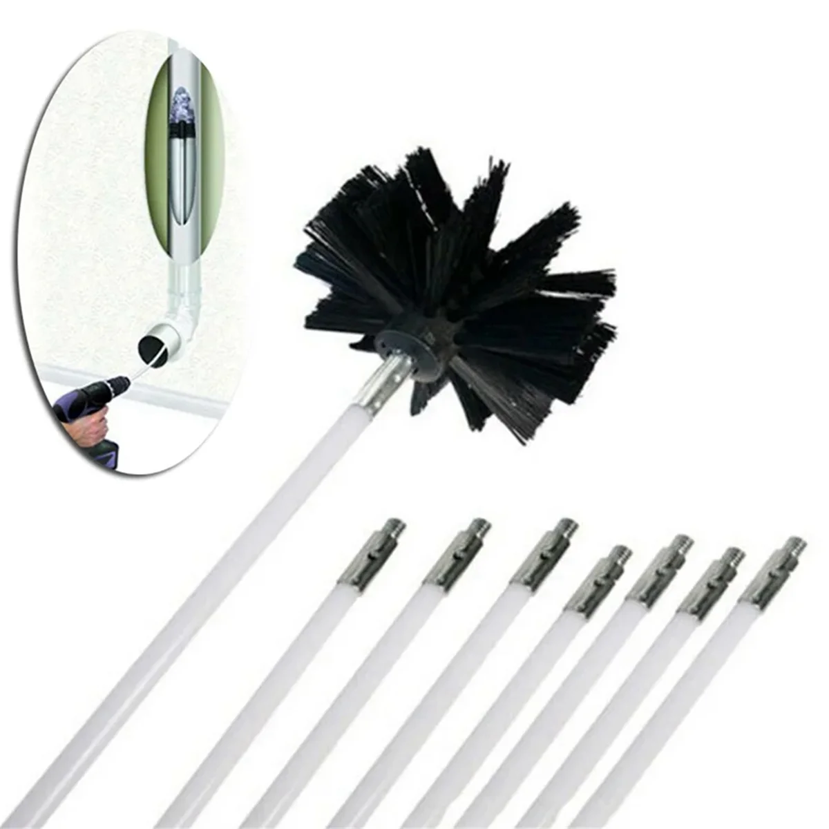 Top to Bottom Chimney Cleaning Brush, 8 Rods + Brush Head, Anti Fire Nylon Bristles, Efficient Flue and Chimney Cleaning