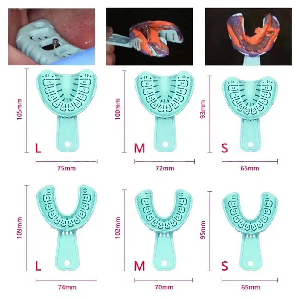 

6 Piece Dental Impression Tray Set Plastic S M L for Full Mouth Partial Removable Prosthodontics and Implant Mold Kit