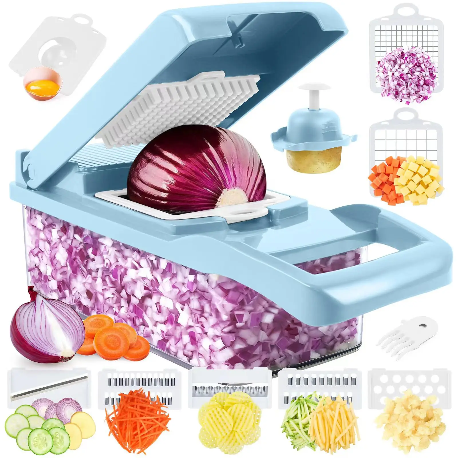 16-in-1 Stainless Steel Vegetable Slicer -Heavy Duty Multi-Function Food Chopper(Tomato/Potato Cutter, Fruit Press,Rechargeable）