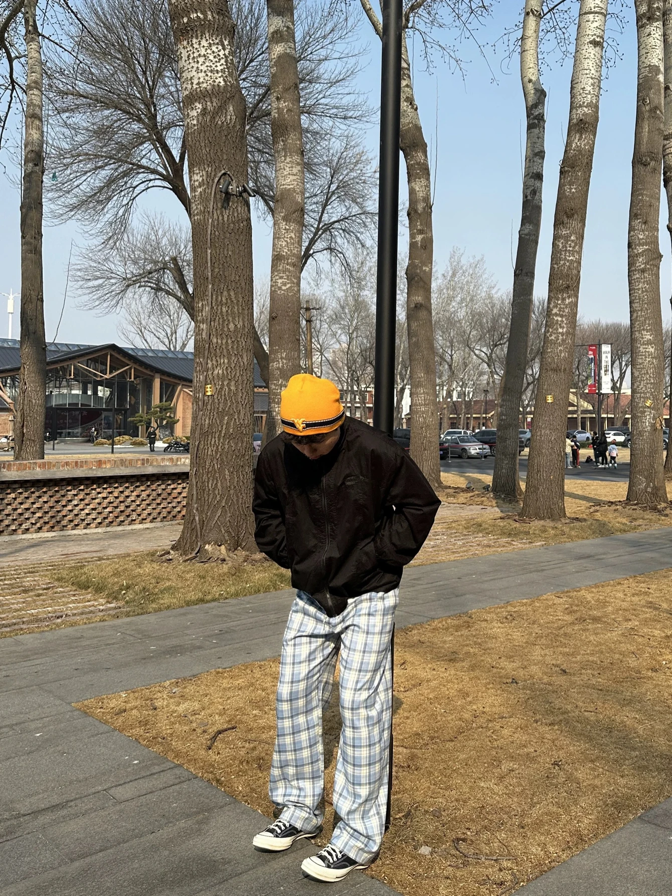 

American Lazy North Carolina Blue Plaid Embroidered Wide Leg Pants Men Casual Loose Student Versatile Straight Leg Pants