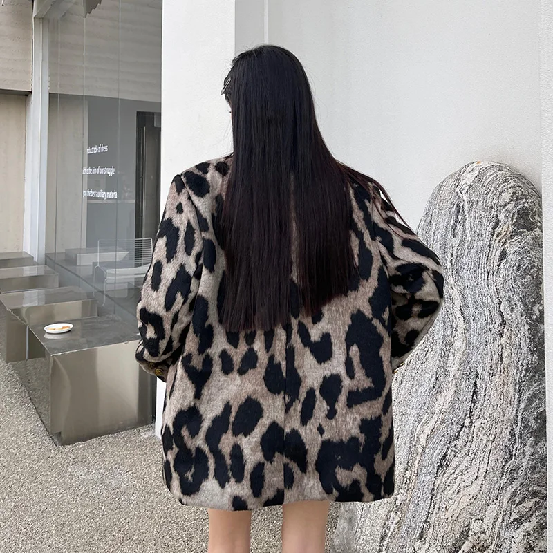 Leopard Print Coat Women Autumn Winter Korean Style Niche Design Loose Suit Jacket Casual Vintage Temperament Blazer