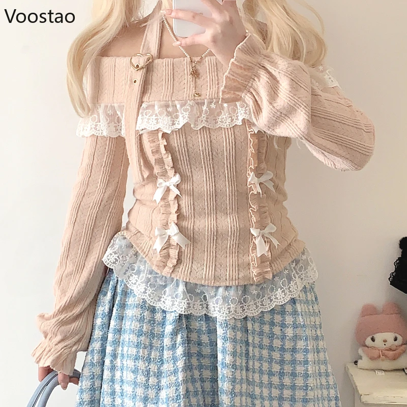 Vintage Sweet Lolita Style Knitted Pullover Girls Cute Slash Neck Bow Lace Ruffles Love Heart Buckle Sweater Women Knitwear Tops