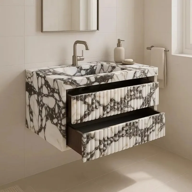Grooved Marble Vanity with Drawers Luxury Natural Stone Bathroom Console Modern Elegant Design