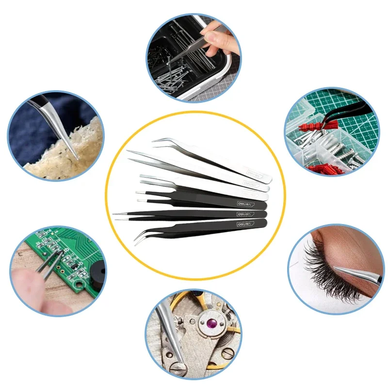 DELI Precision Tweezers Anti-Static Stainless Steel Tweezers Repair Tools for Electronics Repair Soldering Craft Tools