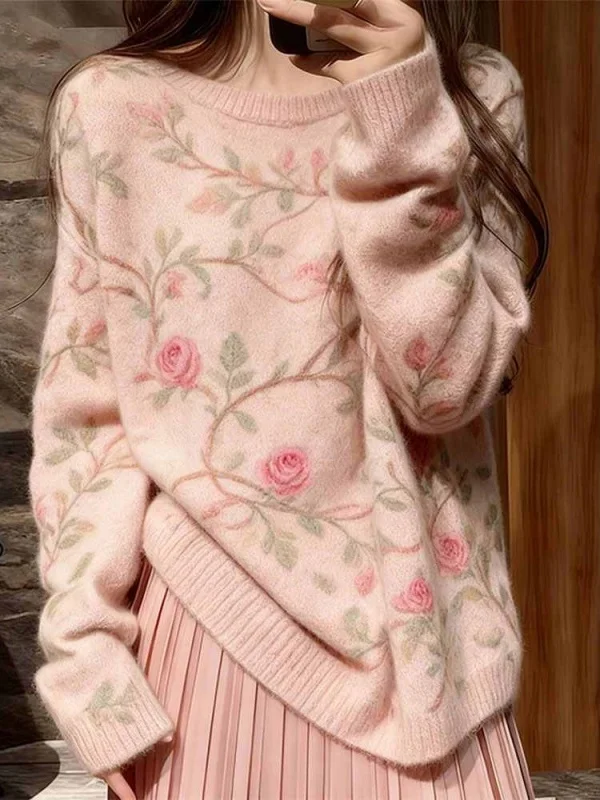

Rose Print Knitted Long Sve Women's Sweater Loose Fit Overhead Sle Autumn Winter Casual Top Comfortable Medium Weight
