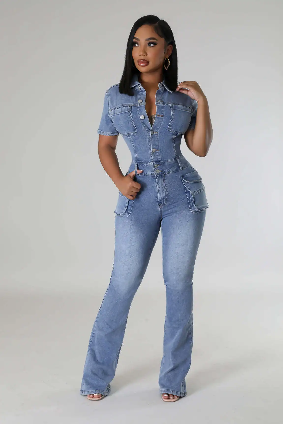 Combinaisons en jean à manches courtes pour femmes, pantalons évasés en denim, mode, poche, taille serrée, mince, commissionné, streetwear décontracté