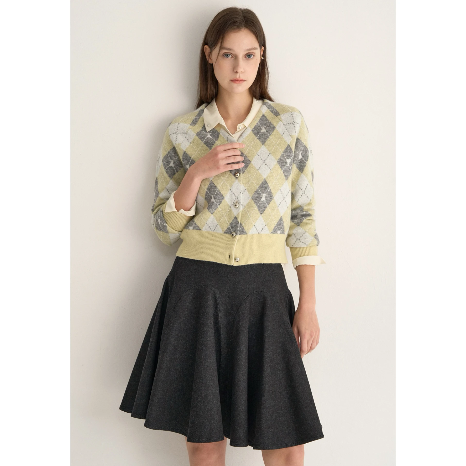 

Faionable V-Ne Color Blo Шерстяной вязаный кардиган Lemon Cheese MIN25 Autumn Commute Sle Straight Cut Long Sve ort...