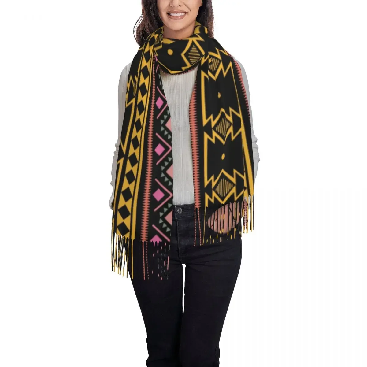 Stylish Geometric Amazigh Kabyle Tattoo Tassel Scarf Women Winter Warm Shawls Wraps Female Berber Africa Carpet Scarves