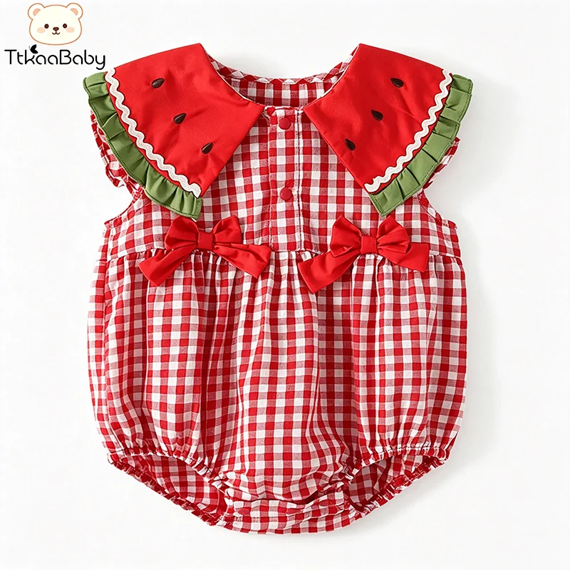 Mädchen-Strampler mit Wassermelonenkragen und Schleife, rot-weiß kariert, ärmellos, niedlicher Baby-Strampler mit Fruchtprint für Sommerpicknicks – Detail 1