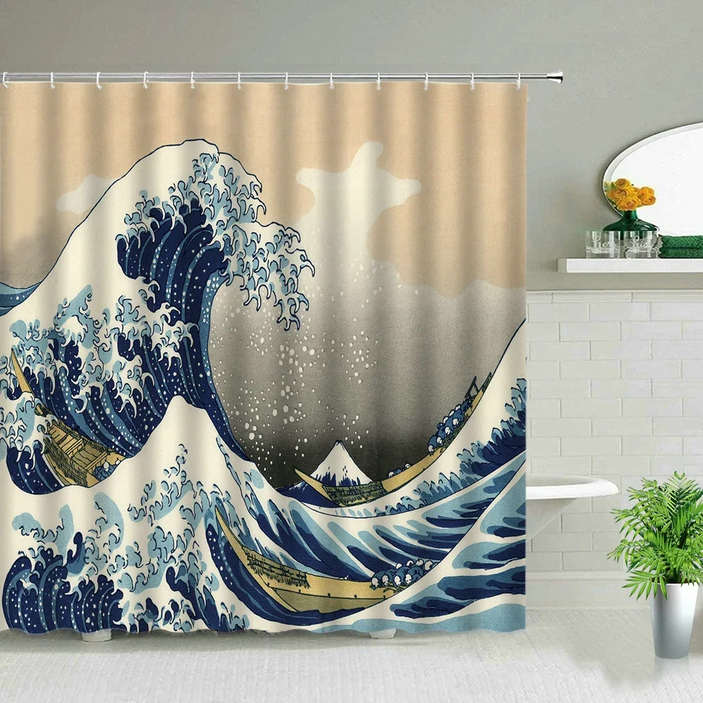 Sea Wave Pattern Cartoons Scenery Shower Curtain Set Modern Bathroom Decor Screen Waterproof Fabric Hanging Curtains With Hooks