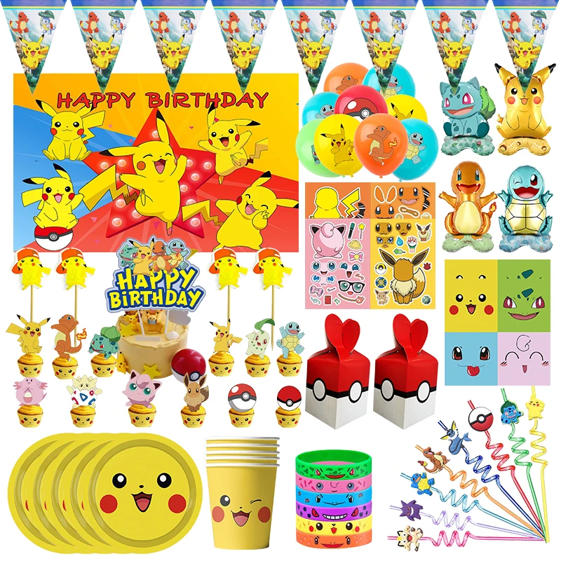 Pokemon Party Decoration Birthday Pikachu Balloons Theme Paper Tableware Set Cups Plates Backdrop Happy Birthday Supplies Kids