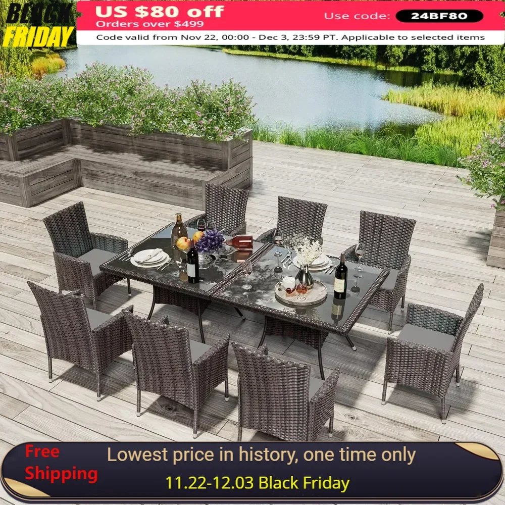 

10 Pieces Patio Dining Set, with 2 Square Glass Tabletops 8 Chairs with Grey Cushions, Outdoor Rattan Furniture Dinning Set