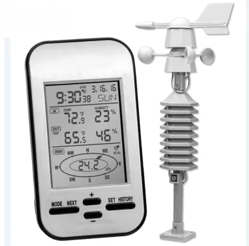 Wireless Anemometer Dual Mount Wind Sensor LCD Weather Station Clock Wind Speed Direction Chill Home Temperature Humidity Meter