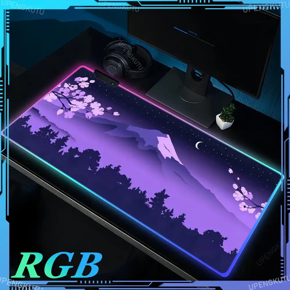 

RGB Mount Fuji Gaming MousePad Purple Sakura Computer Keyboard Pad LED Desk mat for Computer Accessories HD Luminous Mouse Pad