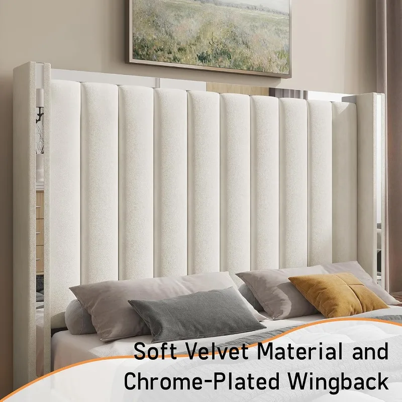 إطار سرير بحجم كوين مع لوح رأسي طويل بطول 58 بوصة، سرير منجد مخملي مع لوح رأسي معنقدة على شكل قناة أ #3