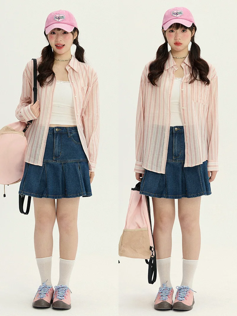 

VOUSALME Summer Long Sve Women's irt Casual Loose Thin Sun Protection Striped Color Blo Top Polyester Fiber Button Design