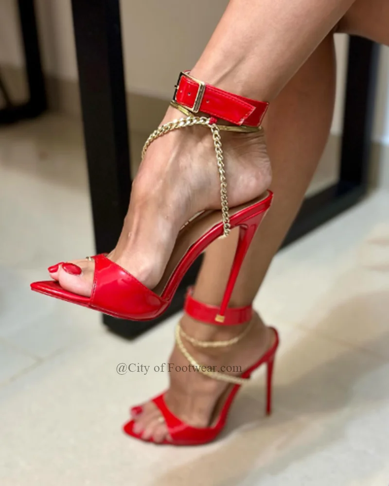 Sexy Metal Chain Decor High Heels Sandals Women Red\Black\Gold Leather Heels New in Luxury Designer Big Size Party Shoes