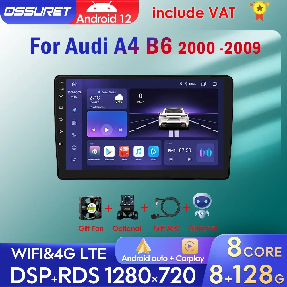 Wireless CarPlay Android Auto Car Radio For Audi A4 B6 2000-2009 Car Multimedia GPS 2din autoradio AI Voice Octa Core 7862