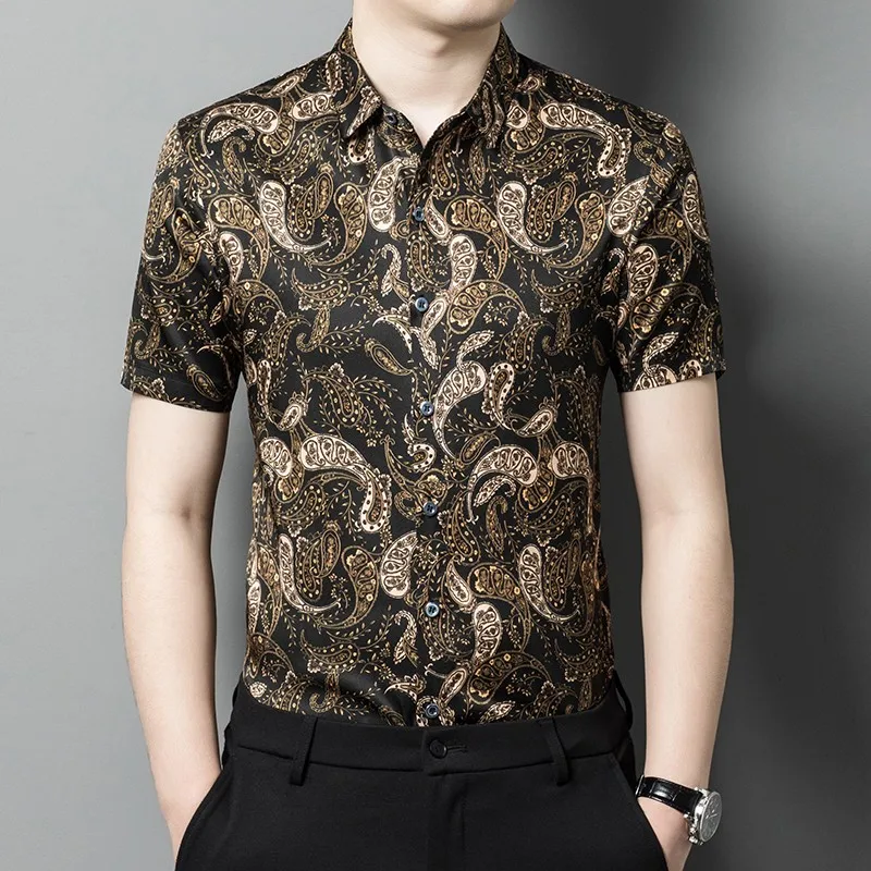 High Quality Luxury Paisley Shirts 100% Real Mens Natural Silk Clothing Gold Black Satin Smooth Blouses Large Size Party Wear