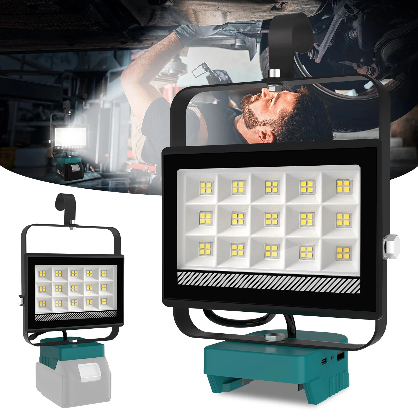 6000LM Tragbare 60W LED-Arbeitsleuchte mit Haken, Verstellbarem Standfuß, Wiederaufladbare LED-Flutlichtlampe, Kompatibel mit Makita Li-Ionen-Akku
