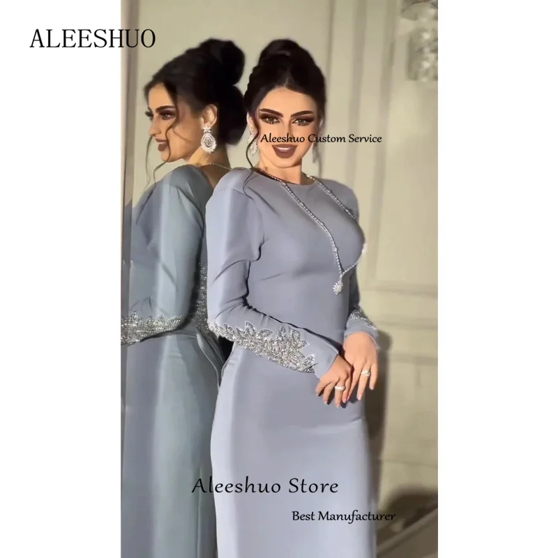 Aleeshuo Saudi Arabia Sky Blue Shiny Beaded Appliques Evening Dresse Long Sleeves Party Prom Sexy Backless O-Neck Evening Gown