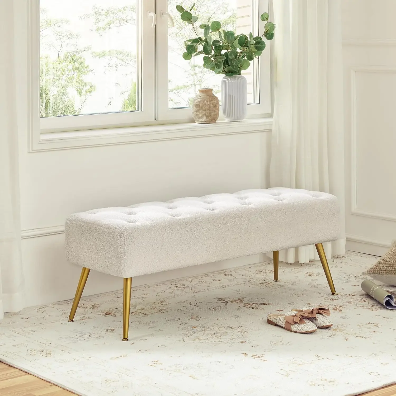 

Comfort corner Modern Ottoman Bench Boucle Bench Upholstered Footrest for Living Room with Gold Metal Legs and Padded Seat Ivory