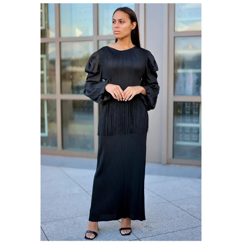 GGHK Pleated Women 2 Piece Solid Color Cardigan Shawl Round Collar Sleeveless Fringe Dress 2025 Spring Autumn New Female Set