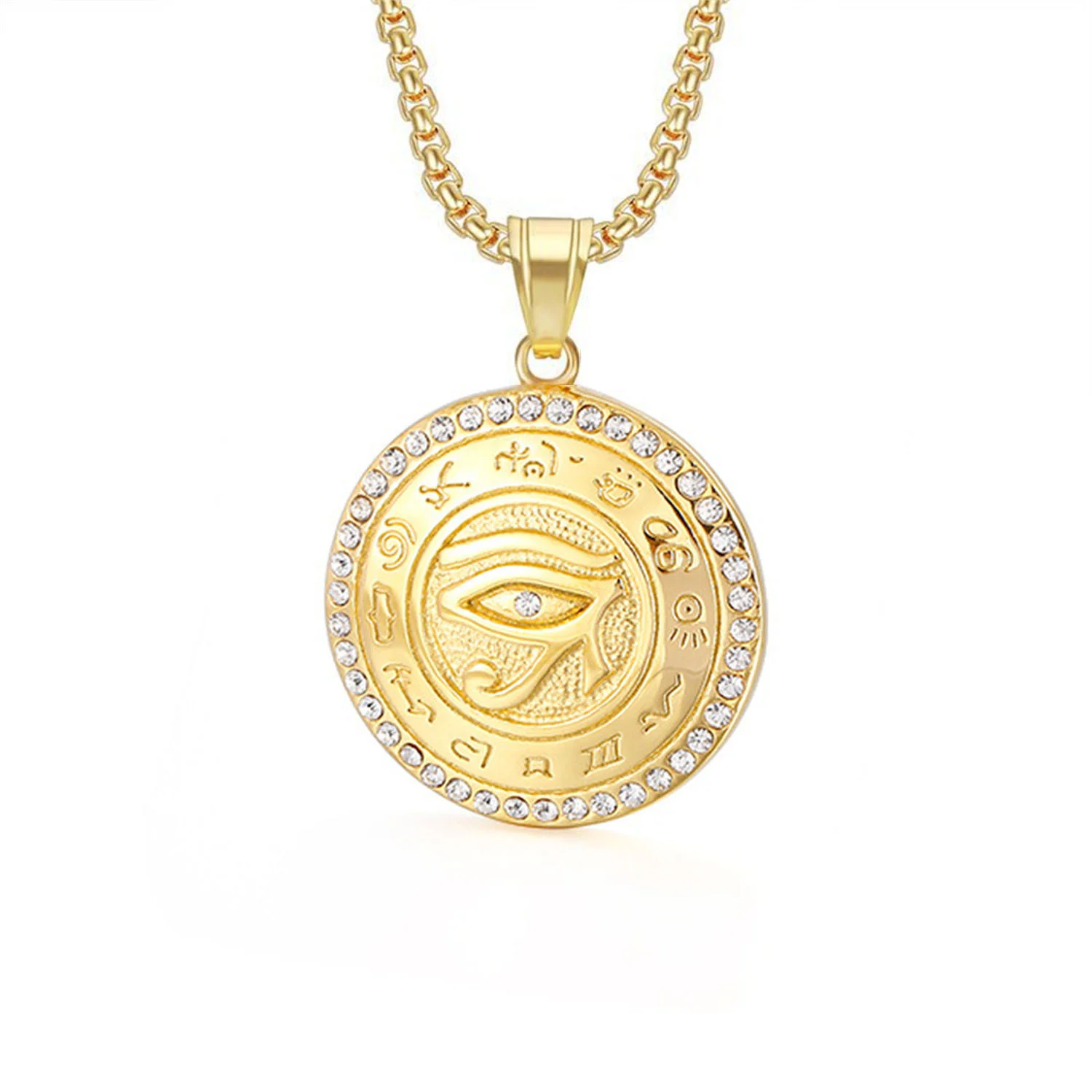 

Hip Hop Iced Out The Eye of Horus Pendant Dropshipping Gold Color Stainless Steel Round Necklace for Men Egyptian Jewelry Gift