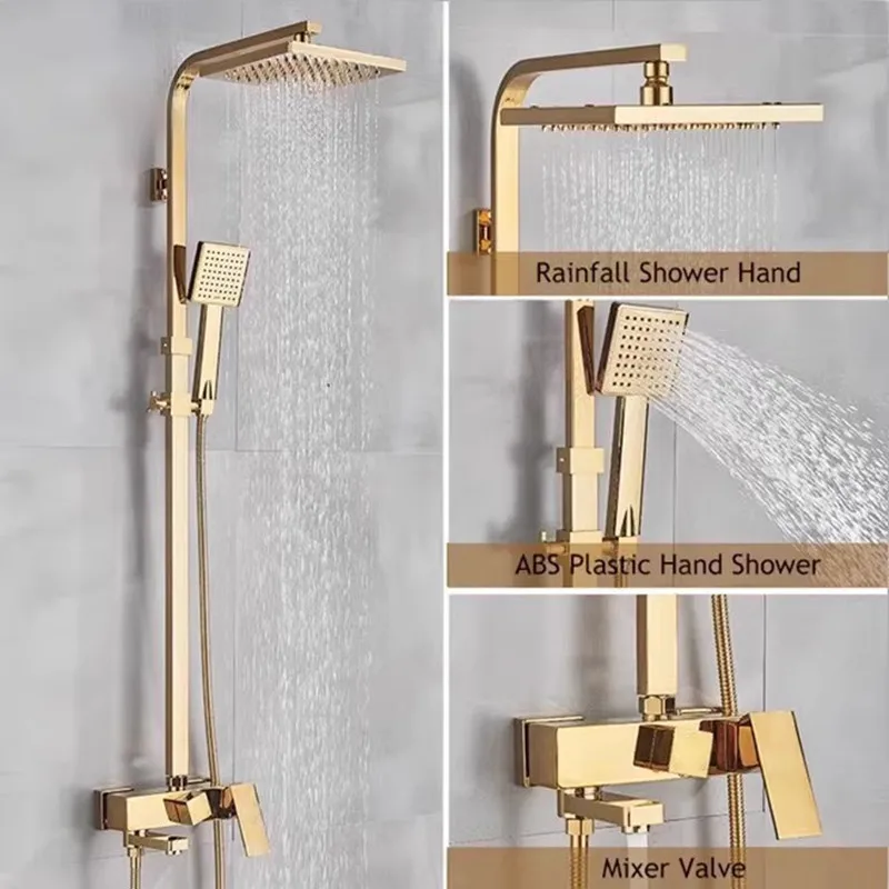 

Luxury Gold Bathroom Shower Faucet Set Brass Bathtub Faucet With Square Rainfall Shower Head Wall Mounted
