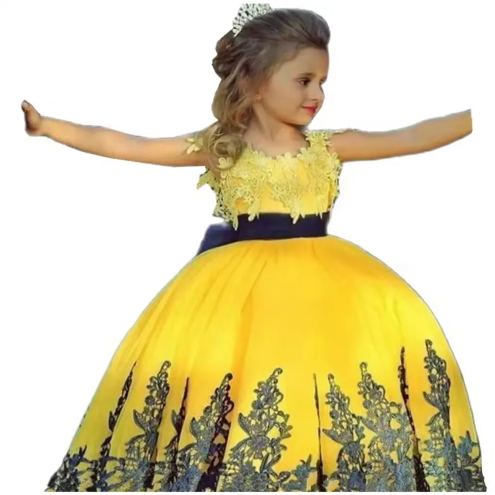 فستان زفاف فتاة الزهور الصفراء مرحبا منخفض تول يزين الدانتيل بلا أكمام المتدرج الاطفال فستان حفلة عيد ميلاد ثوب التواصل الأول #6
