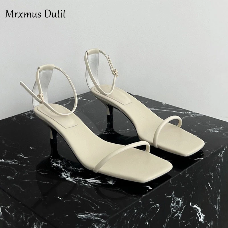 Mrxmus 2024 Spring Summer Fashion New Women Genuine Leather Square Head Thin Mid-heel Sandals Simple Casual Shoes Female Chic