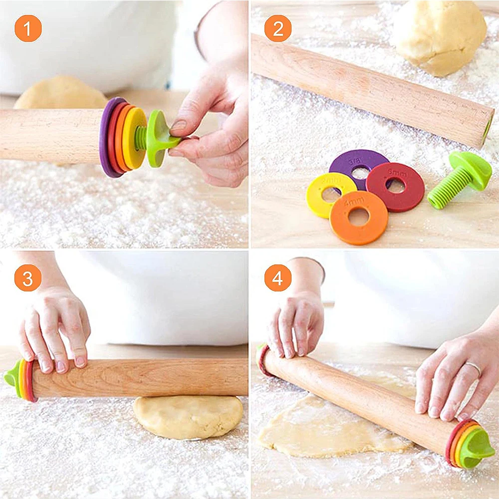 TJ POP 43 cm Baking Stick Rolling Pin Beech Wood Fondant Adjustable Rolling Pins with 4 Thickness Rings Wooden Cake Pizza Tools