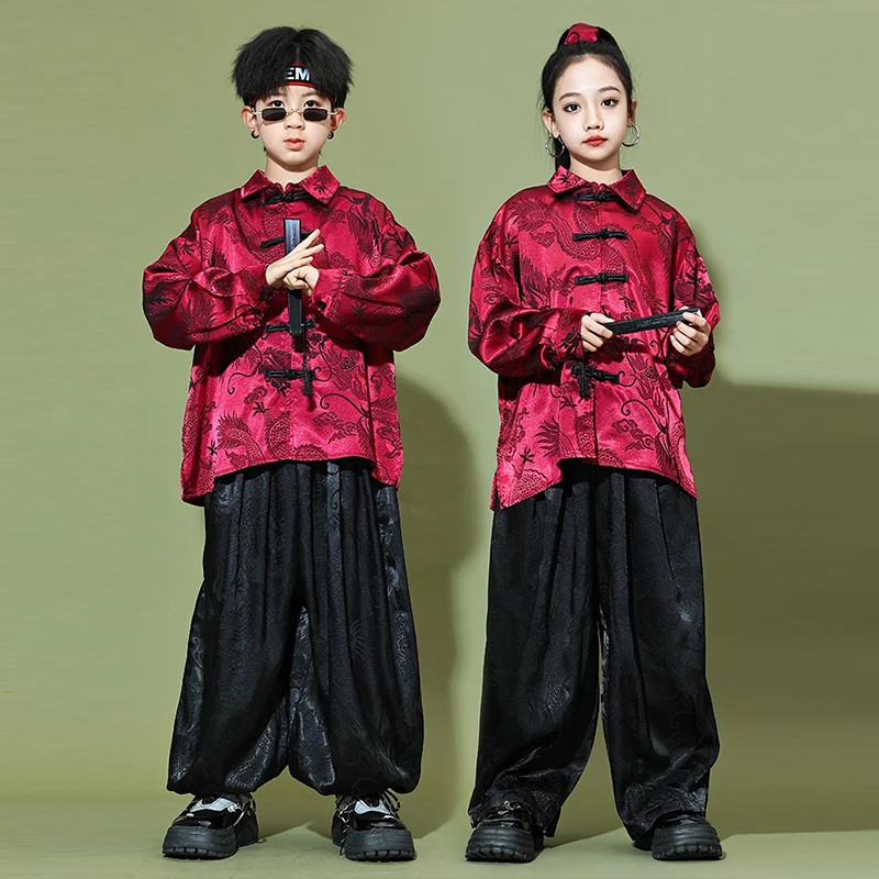 New Hip Hop Performance Outfit Chinese Jazz Street Dance Costumes Dragon Pattern Set Trendy Hip Hop Boy‘s Girl’s Suit XH113